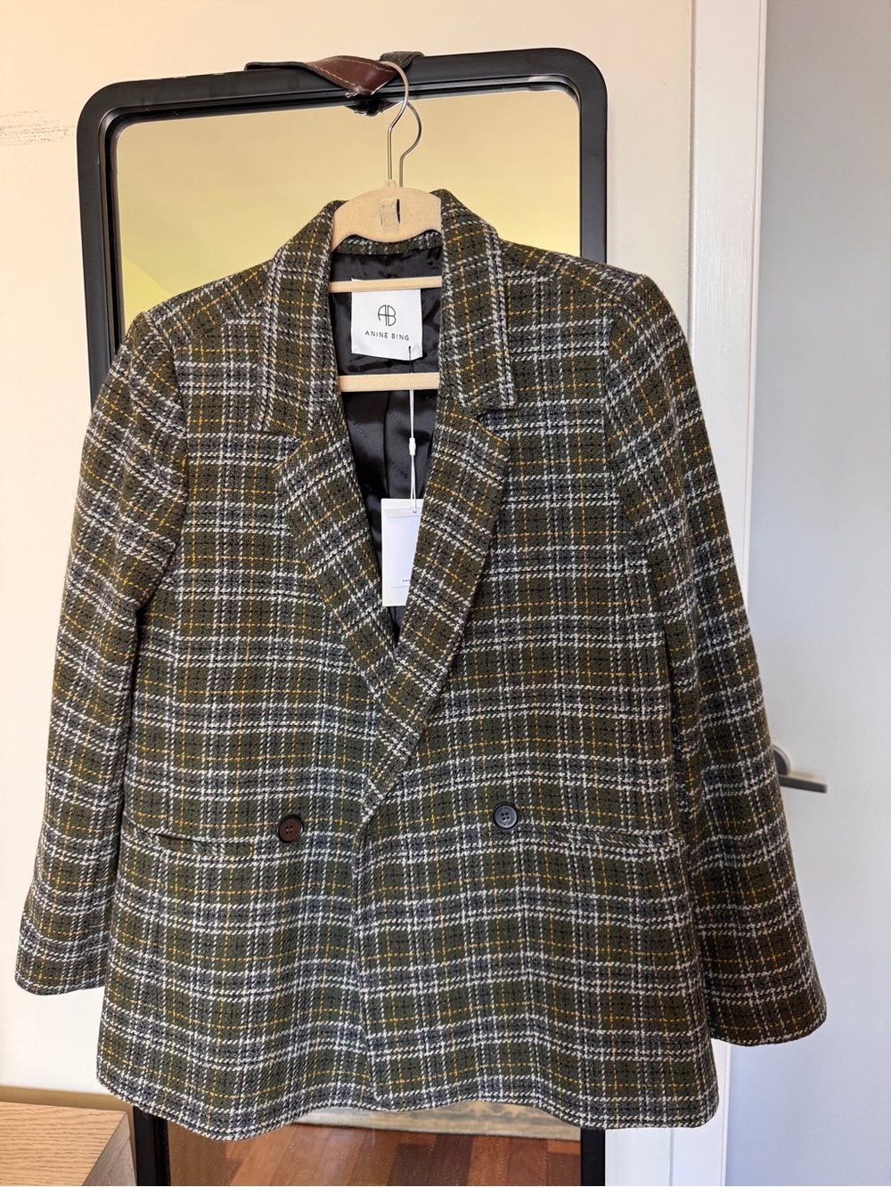 NWT Anine Bing Olive Green Plaid Wool Blend Blazer - XS